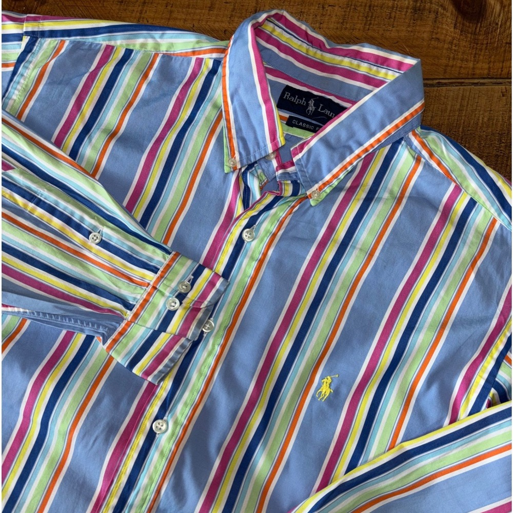 Ralph Lauren Mens Classic Fit Multi Color Stripe Yellow Logo Button Down Shirt L